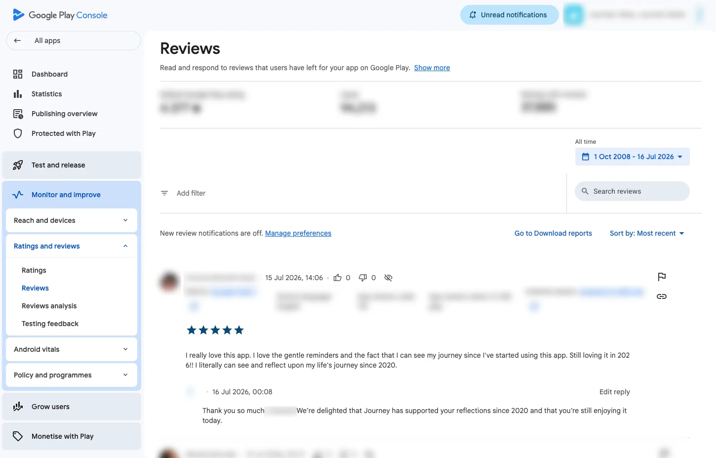 A developer reply published in Google Play Console