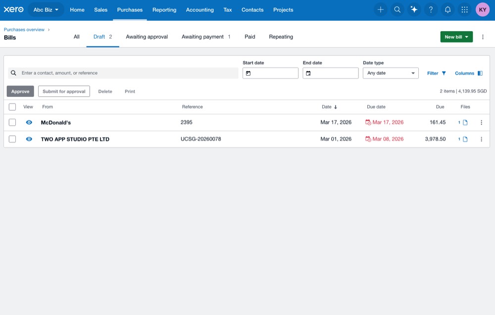 Xero draft bills