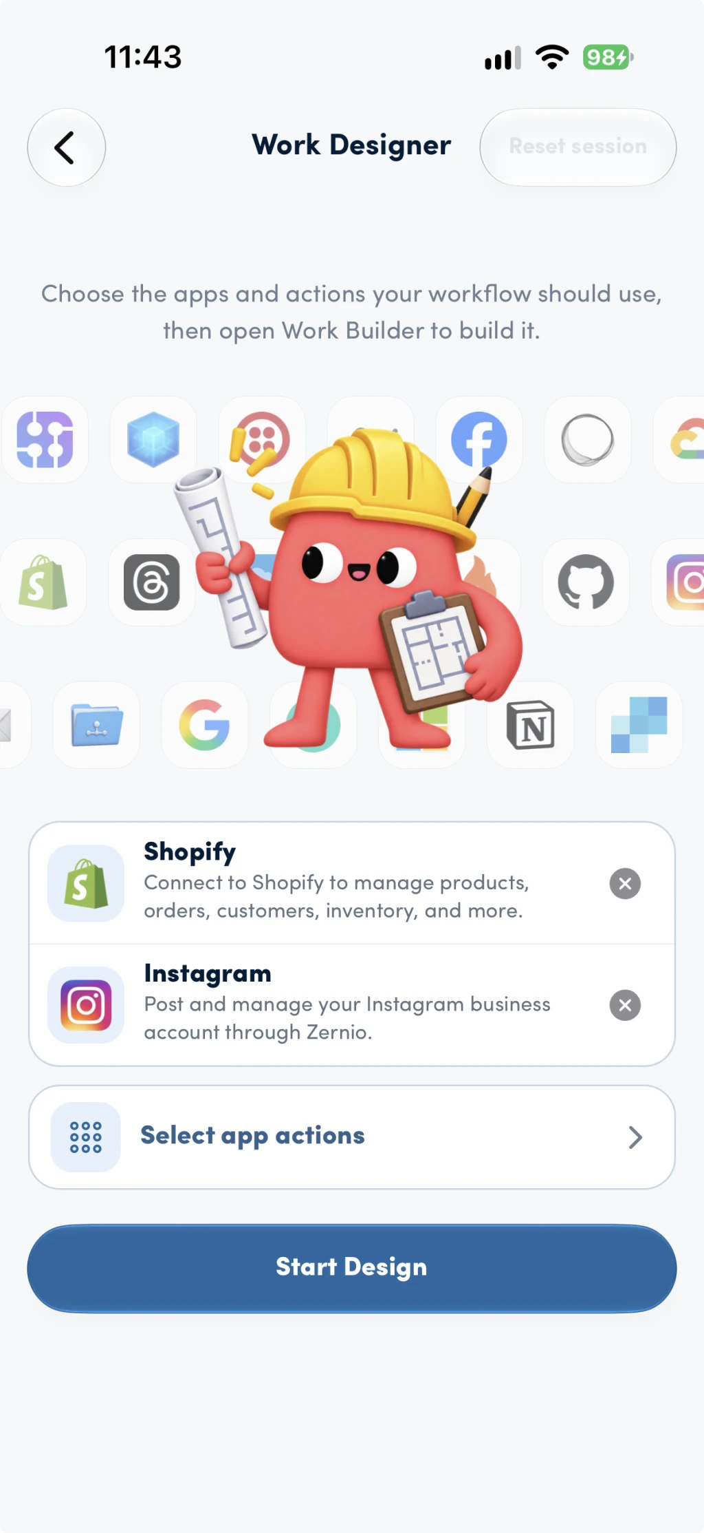 Layar Work Designer dengan aplikasi, tindakan, dan tombol Mulai Desain