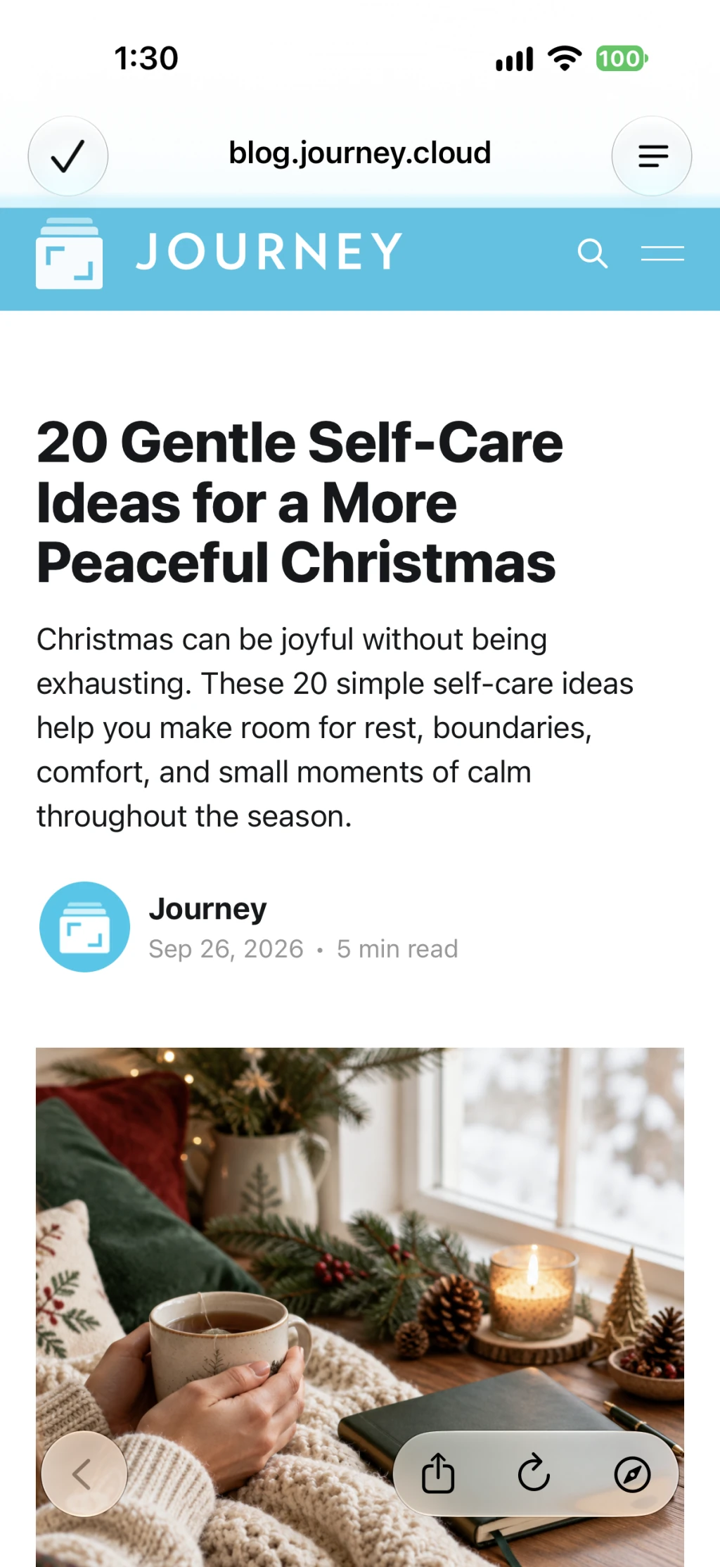 Postingan blog Journey yang diterbitkan tentang ide perawatan diri Natal yang lembut