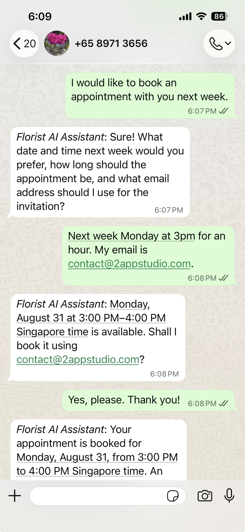 Percakapan WhatsApp dengan asisten toko bunga yang memesan janji temu pelanggan