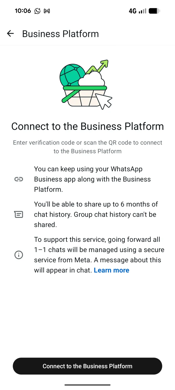 WhatsApp Företagsskärm som förklarar anslutningen till Företagsplattformen