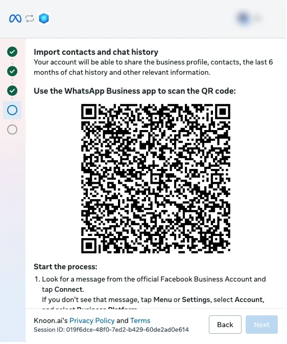 Meta onboarding QR-kod för att importera WhatsApp-kontakter och chattlogg
