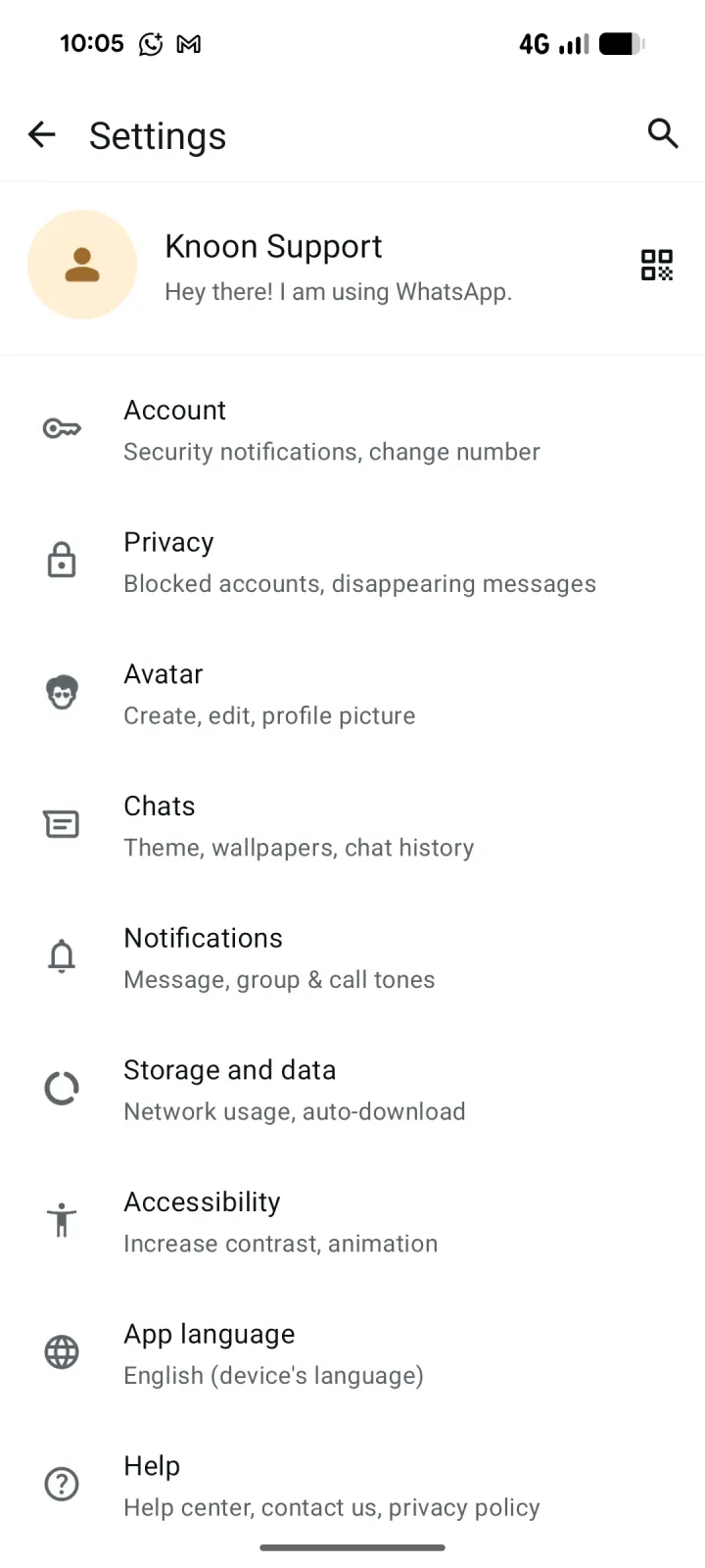 WhatsApp Företagsinställningar med profilens QR-kodikon