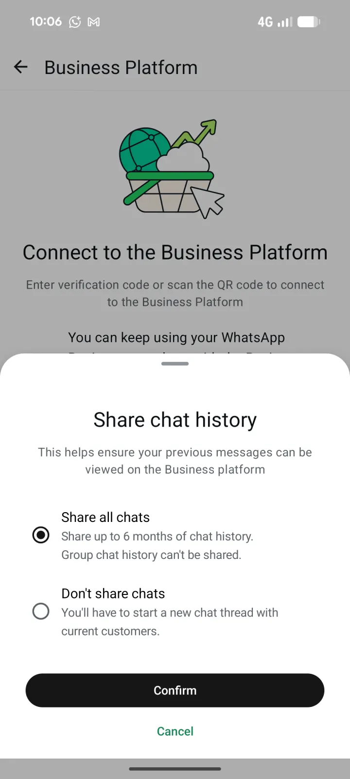 WhatsApp Företag alternativ för att dela Chatt-historik