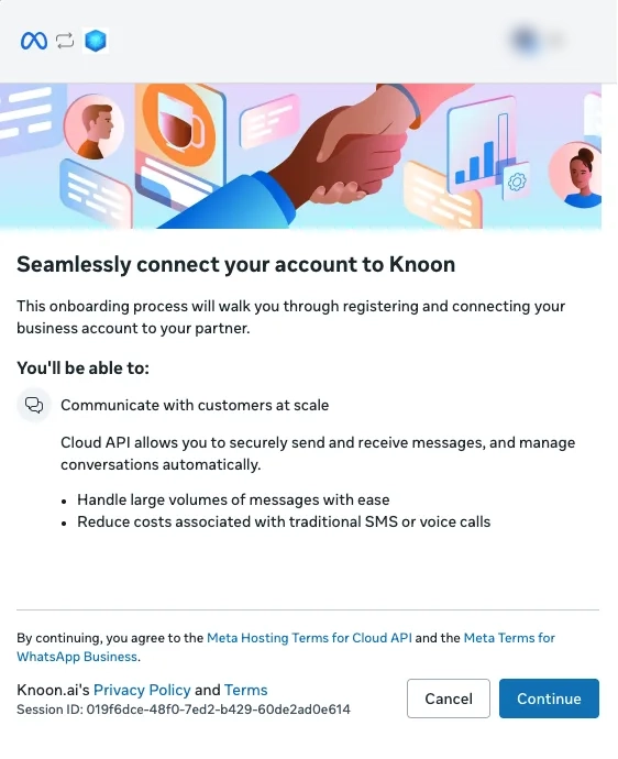 Meta onboarding-skärm för att ansluta ett företagskonto till Knoon